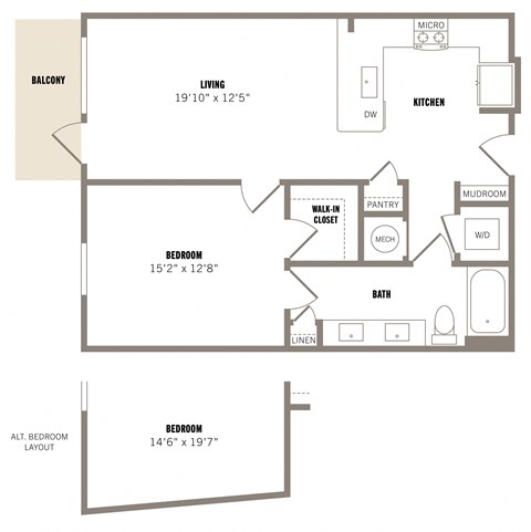 Floor plan for 1 bed, 1 bath, 802 sqft